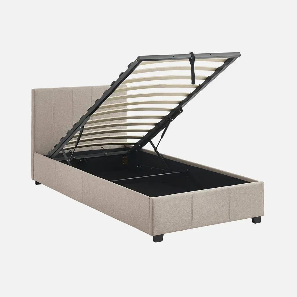 Lit coffre 90x190 cm beige avec sommier à lattes et tête de lit capitonnée tissu