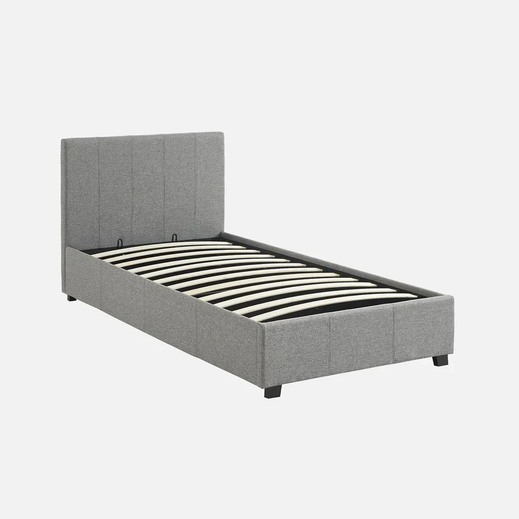 Bett mit Stauraum 90x190 cm mit Lattenrost und beige gepolstertem Kopfteil