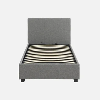 Bett mit Stauraum 90x190 cm mit Lattenrost und beige gepolstertem Kopfteil