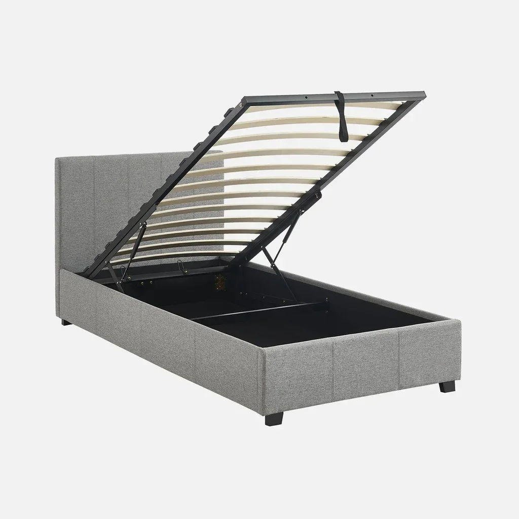 Bett mit Stauraum 90x190 cm mit Lattenrost und beige gepolstertem Kopfteil
