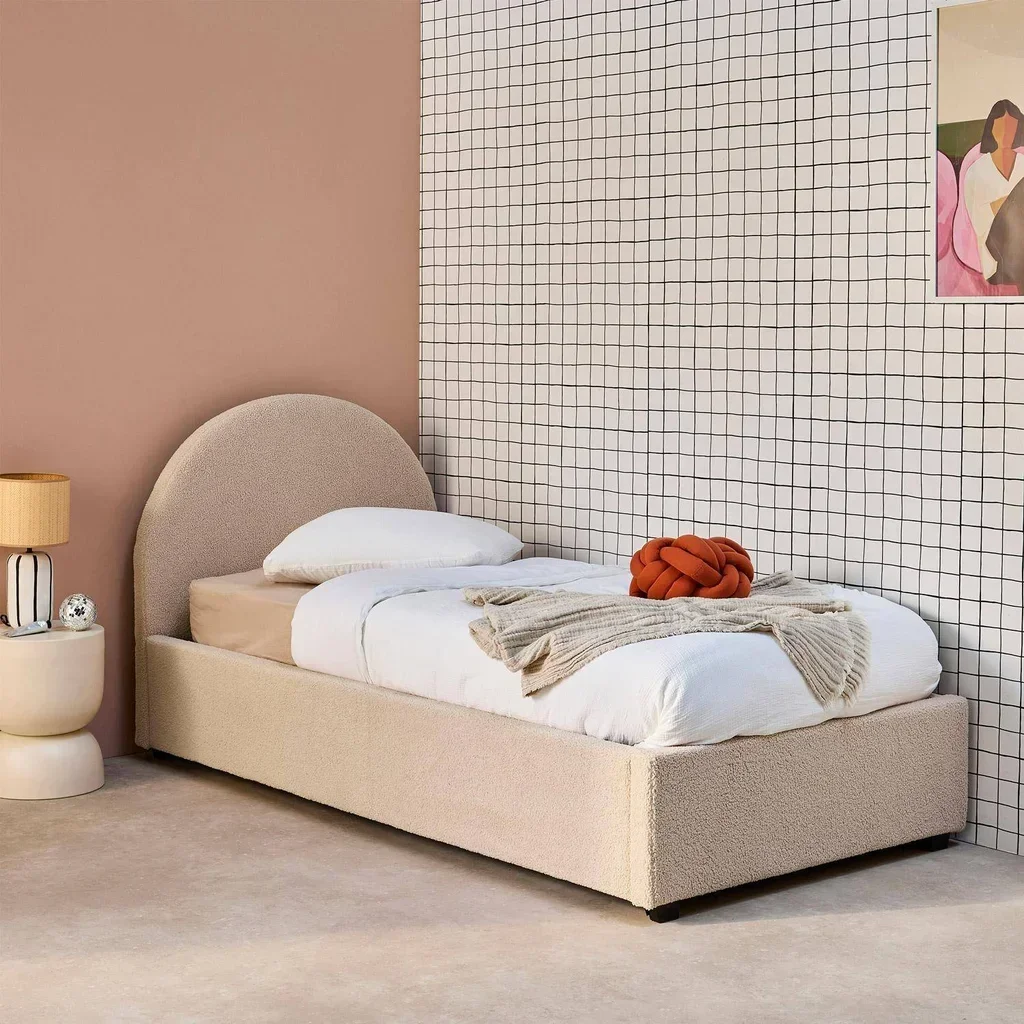 Lit coffre 90x190 cm Cameron kaki bouclette avec rangement et sommier à lattes