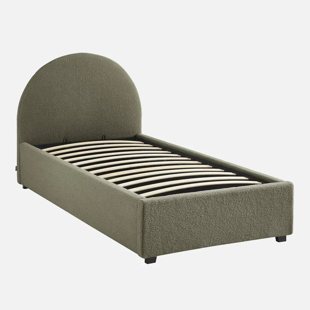 Lit coffre 90x190 cm bouclette kaki avec rangement et tête de lit arrondie