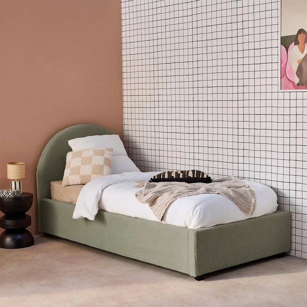Lit coffre 90x190 cm bouclette kaki avec rangement et tête de lit arrondie
