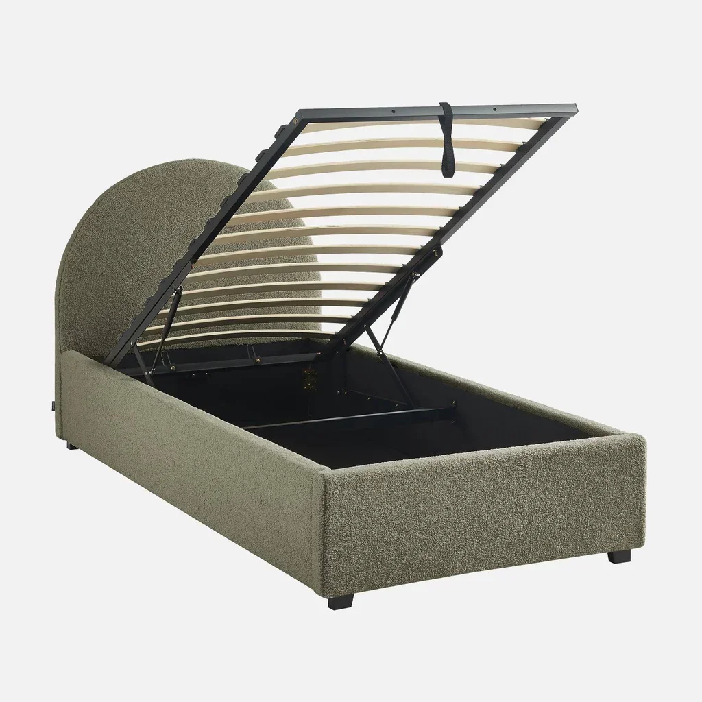 Lit coffre 90x190 cm bouclette kaki avec rangement et tête de lit arrondie