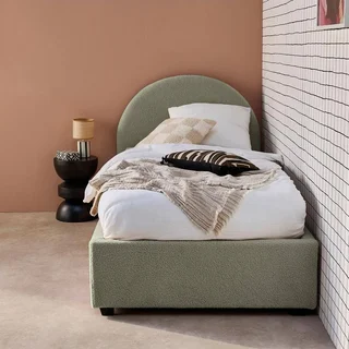 Lit coffre 90x190 cm bouclette kaki avec rangement et tête de lit arrondie