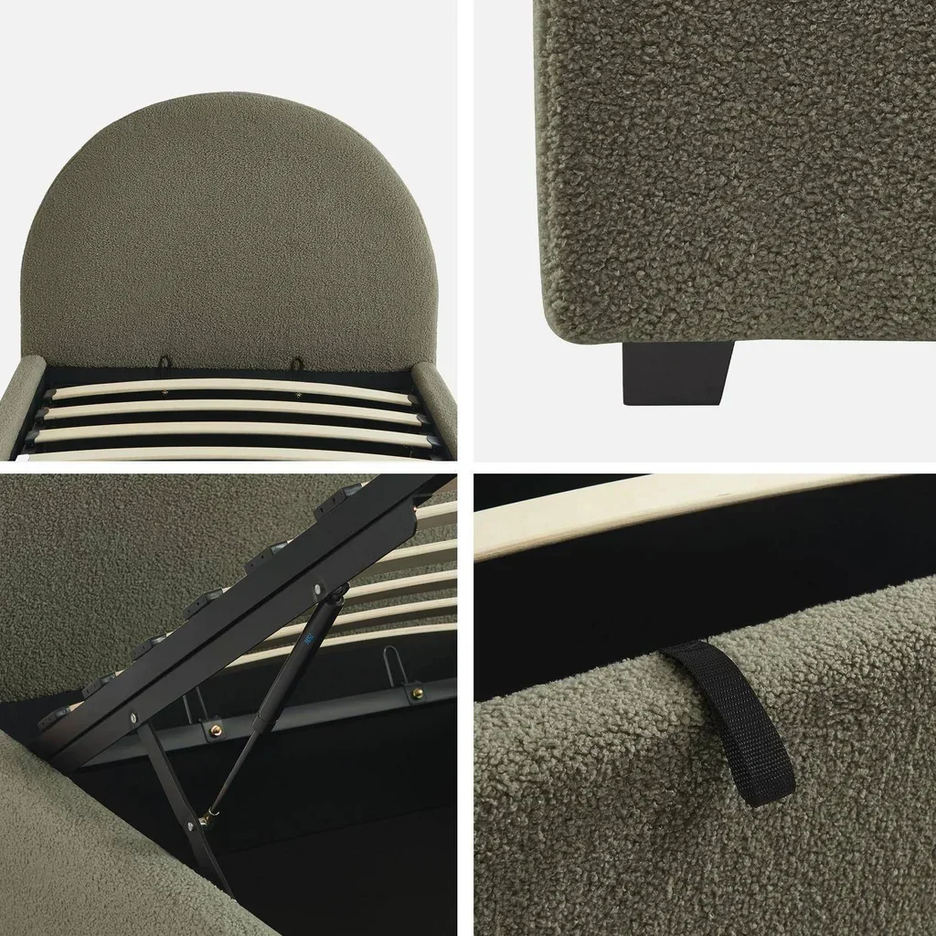 Lit coffre 90x190 cm bouclette kaki avec rangement et tête de lit arrondie