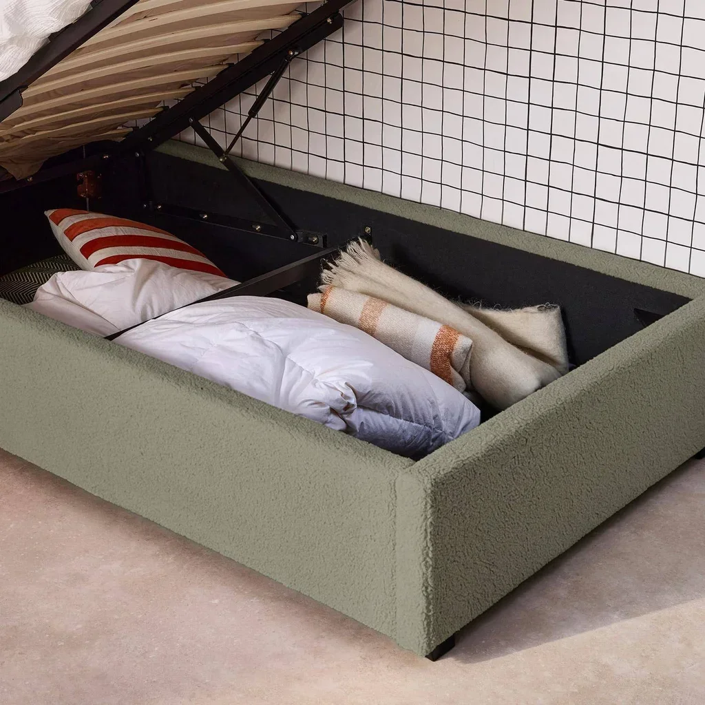 Lit coffre 90x190 cm bouclette kaki avec rangement et tête de lit arrondie