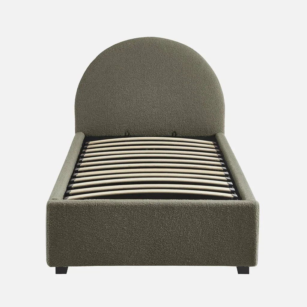 Lit coffre 90x190 cm bouclette kaki avec rangement et tête de lit arrondie