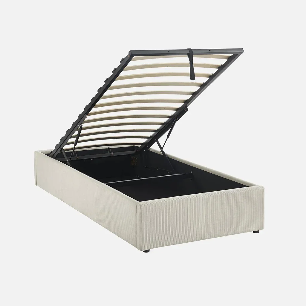 Lit coffre velours côtelé blanc 90x190 cm avec rangement intégré