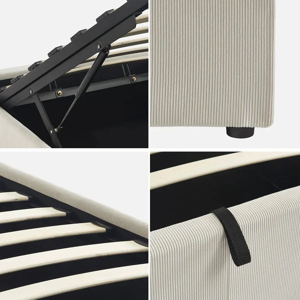 Lit coffre velours côtelé blanc 90x190 cm avec rangement intégré