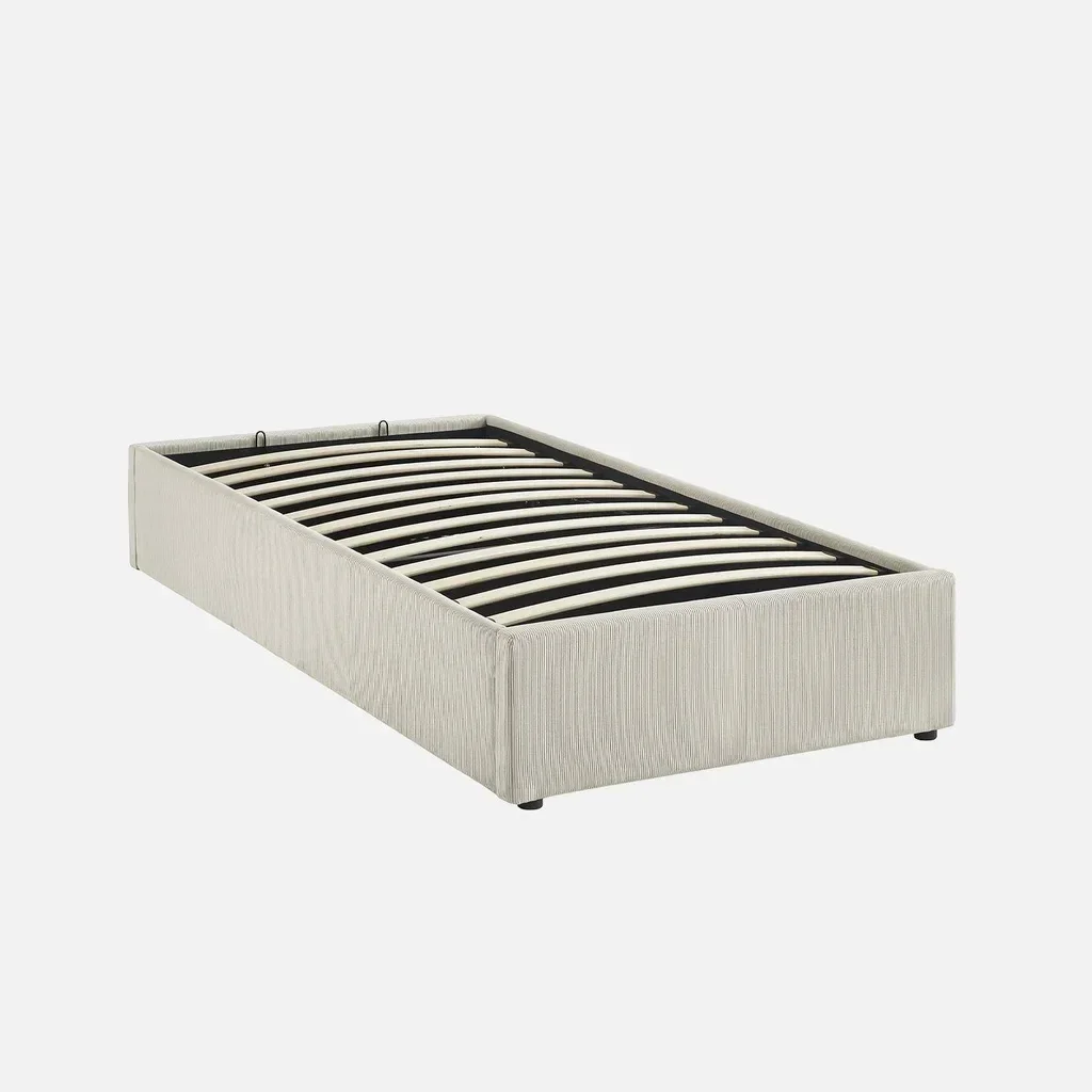Lit coffre velours côtelé blanc 90x190 cm avec rangement intégré
