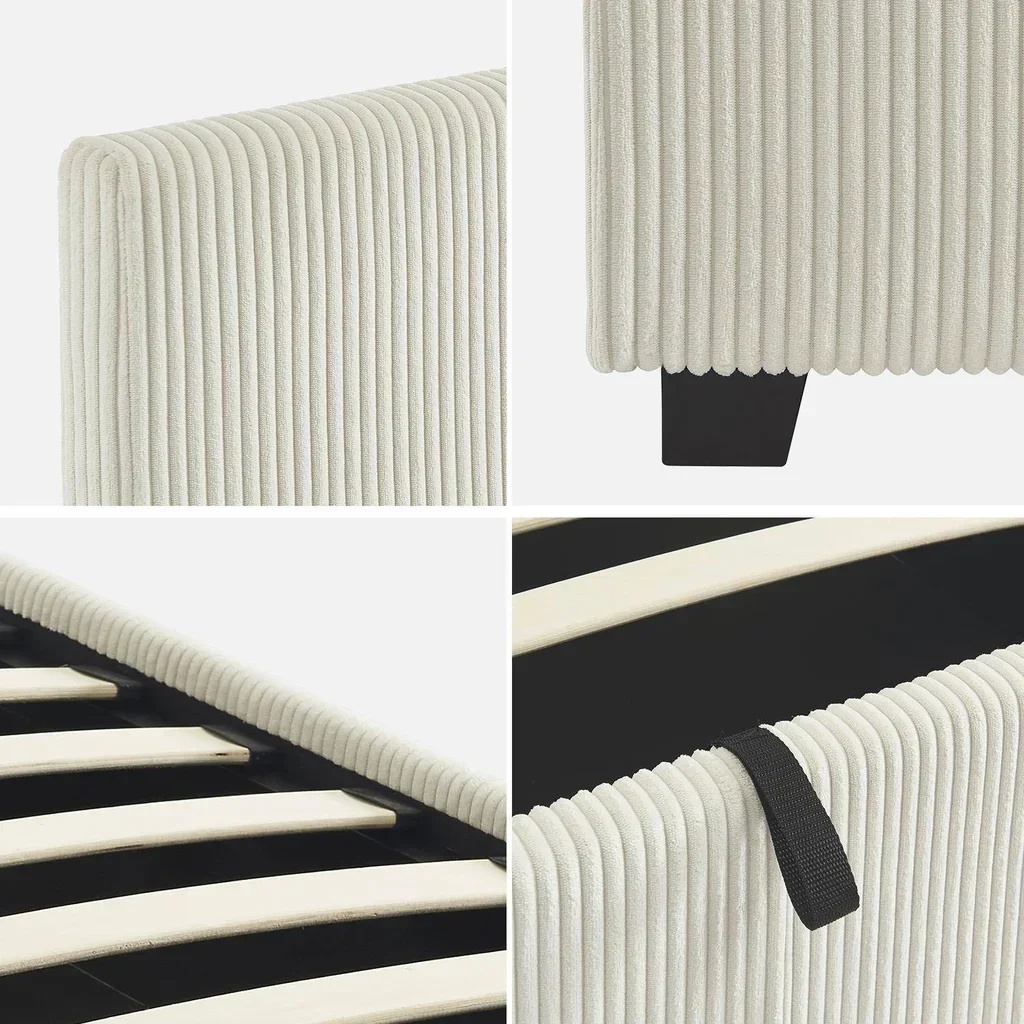 Lit coffre 90x190 velours côtelé avec rangement et sommier à lattes