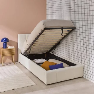 Lit coffre Lex avec tête de lit bouclette blanche et rangement intégré