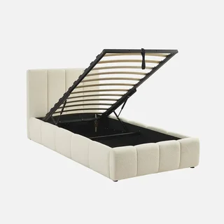 Lit coffre Lex avec tête de lit bouclette blanche et rangement intégré