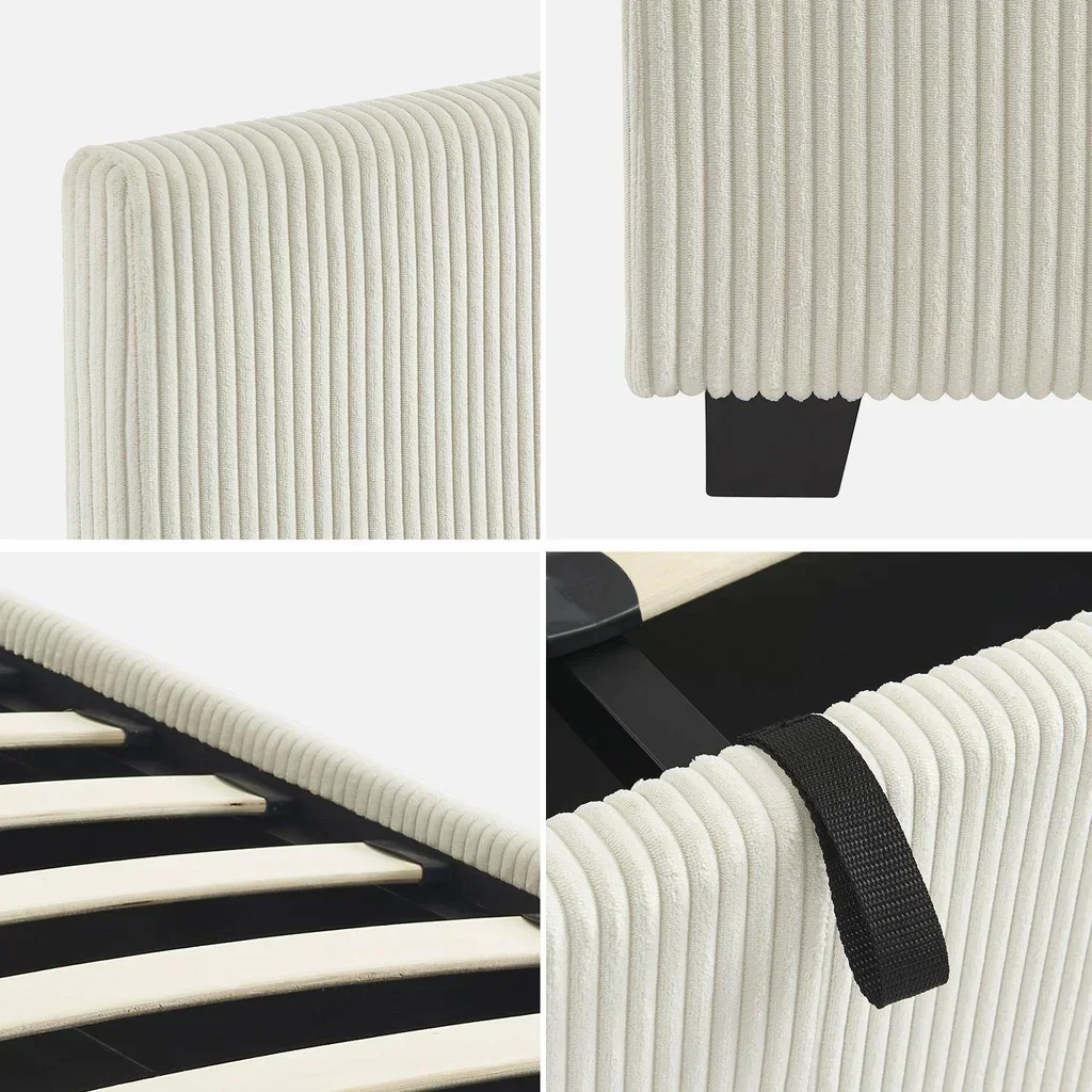 Lit coffre 140x190 velours côtelé capitonné avec rangement et sommier lattes