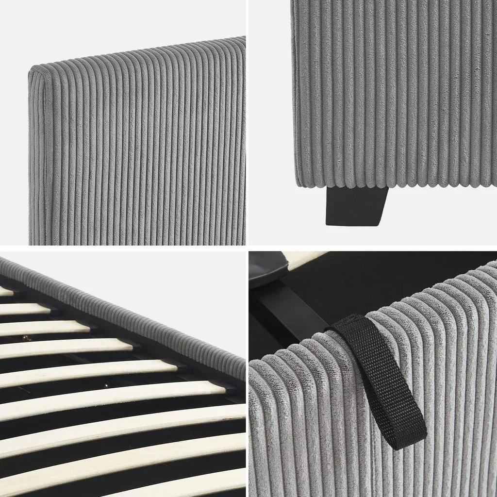 Lit coffre velours côtelé 140x190 cm avec rangement intégré et tête capitonnée