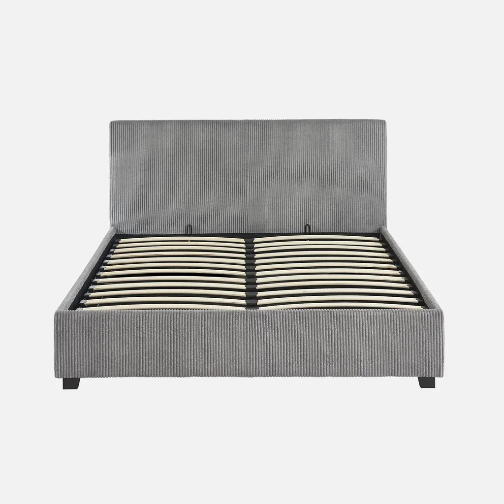 Lit coffre velours côtelé 140x190 cm avec rangement intégré et tête capitonnée