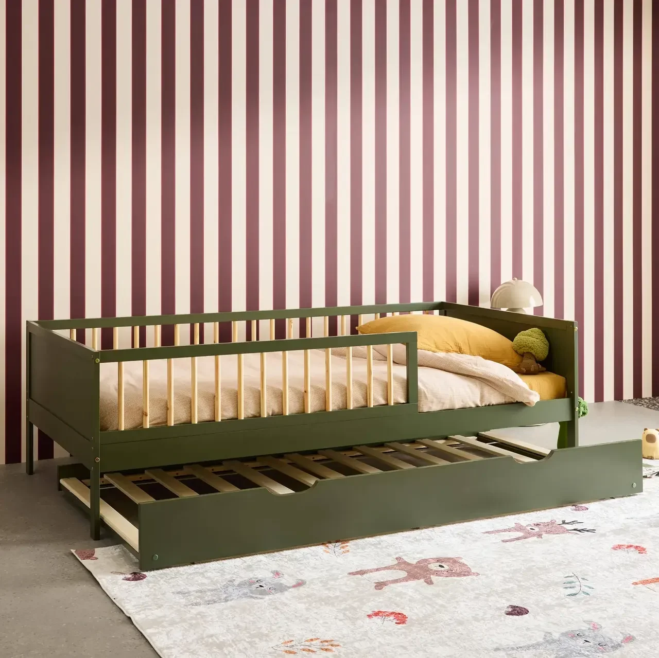 Lit gigogne junior 90x190 cm pin massif naturel sommier lattes tiroir rangement Elio