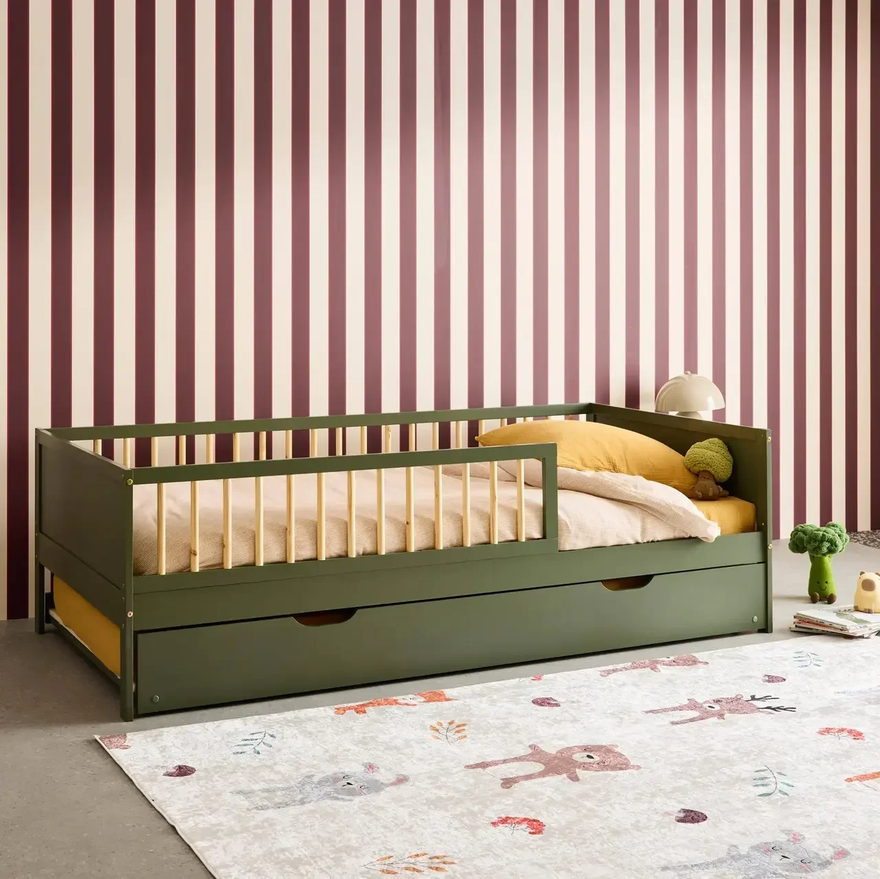Lit gigogne junior 90x190 cm pin massif naturel sommier lattes tiroir rangement Elio