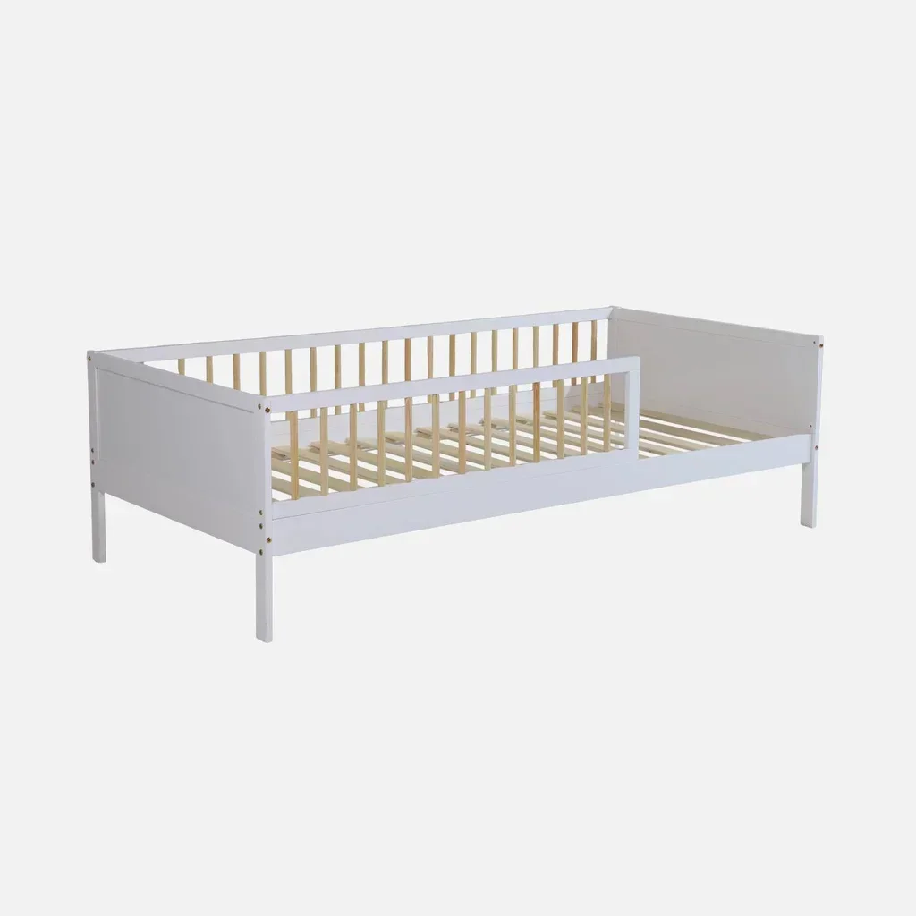 Lit junior 90x190 cm pin massif naturel sommier à lattes intégré barrière sécurité