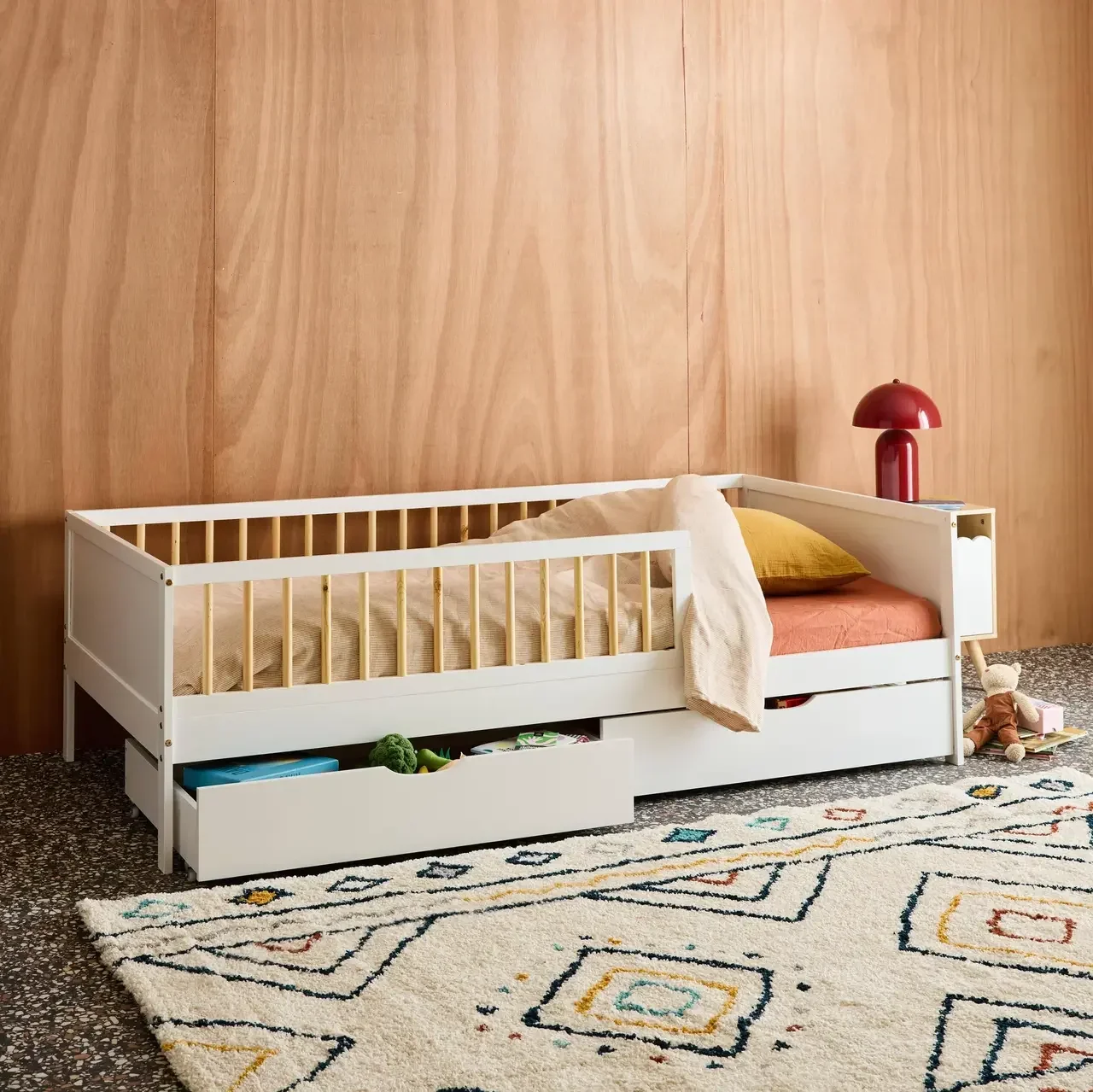 Lit junior 90x190 pin massif naturel avec sommier et 2 tiroirs