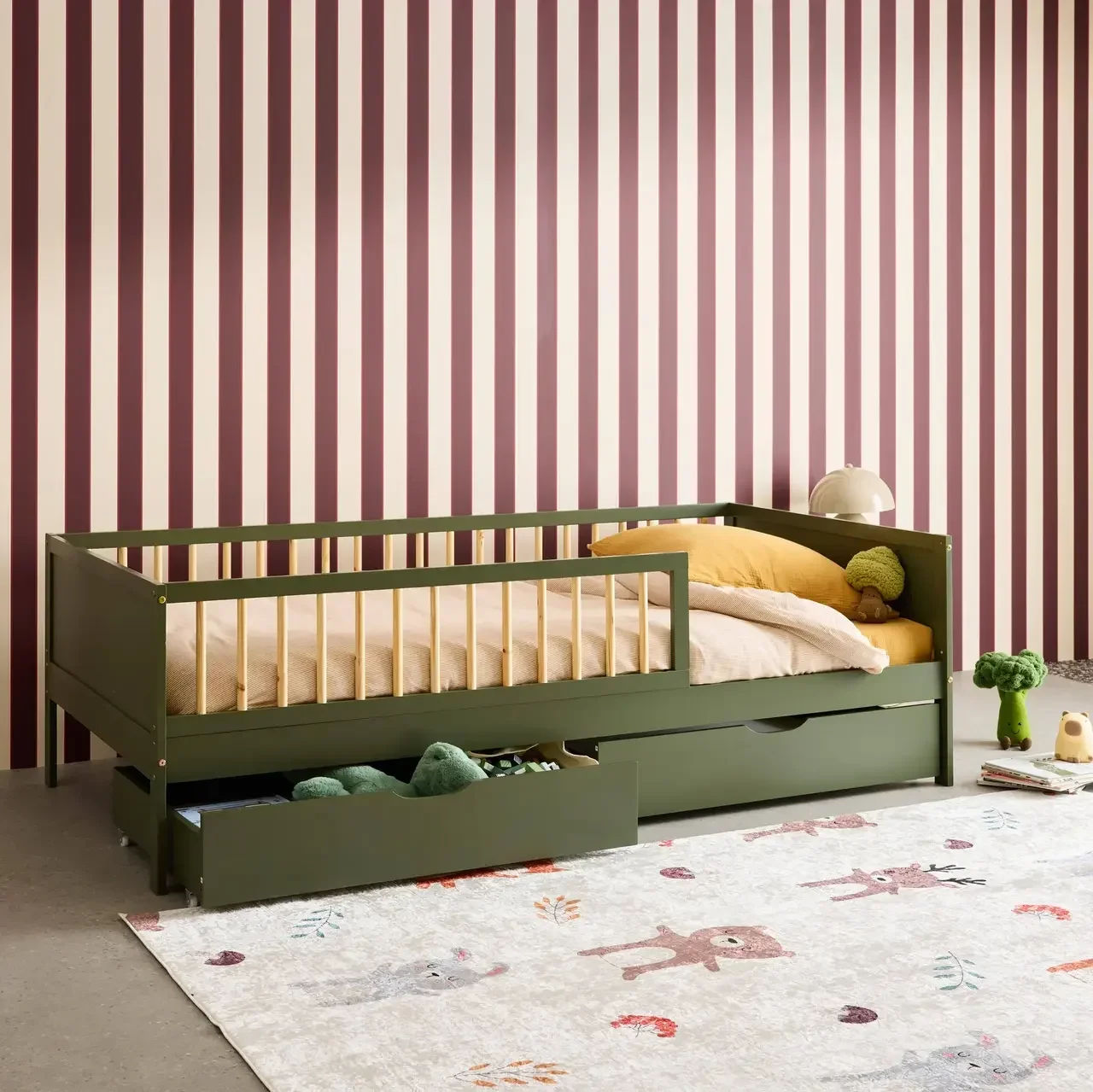 Lit junior 90x190 pin massif naturel avec sommier et 2 tiroirs Elio