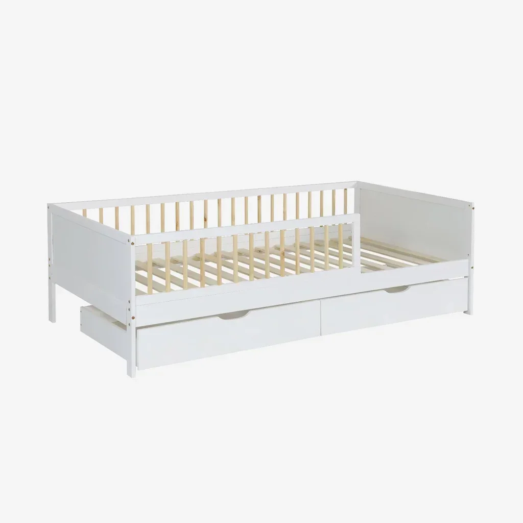 Lit junior 90x190 pin massif naturel avec sommier et 2 tiroirs