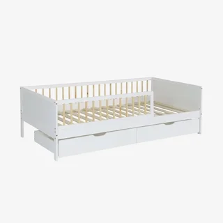 Lit junior 90x190 pin massif naturel avec sommier et 2 tiroirs