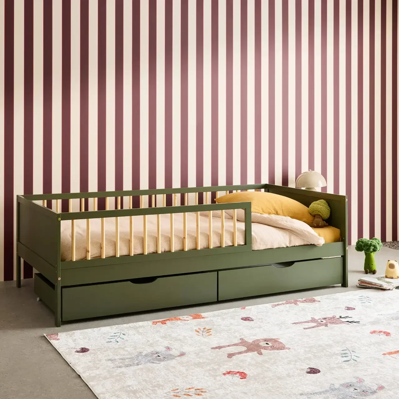 Lit junior 90x190 pin massif naturel avec sommier et 2 tiroirs Elio