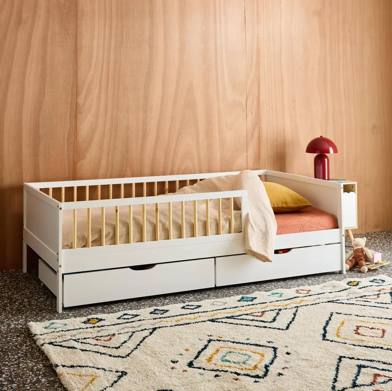 Lit junior 90x190 pin massif naturel avec sommier et 2 tiroirs