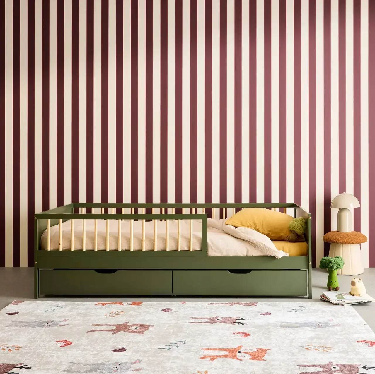 Lit junior 90x190 pin massif naturel avec sommier et 2 tiroirs Elio