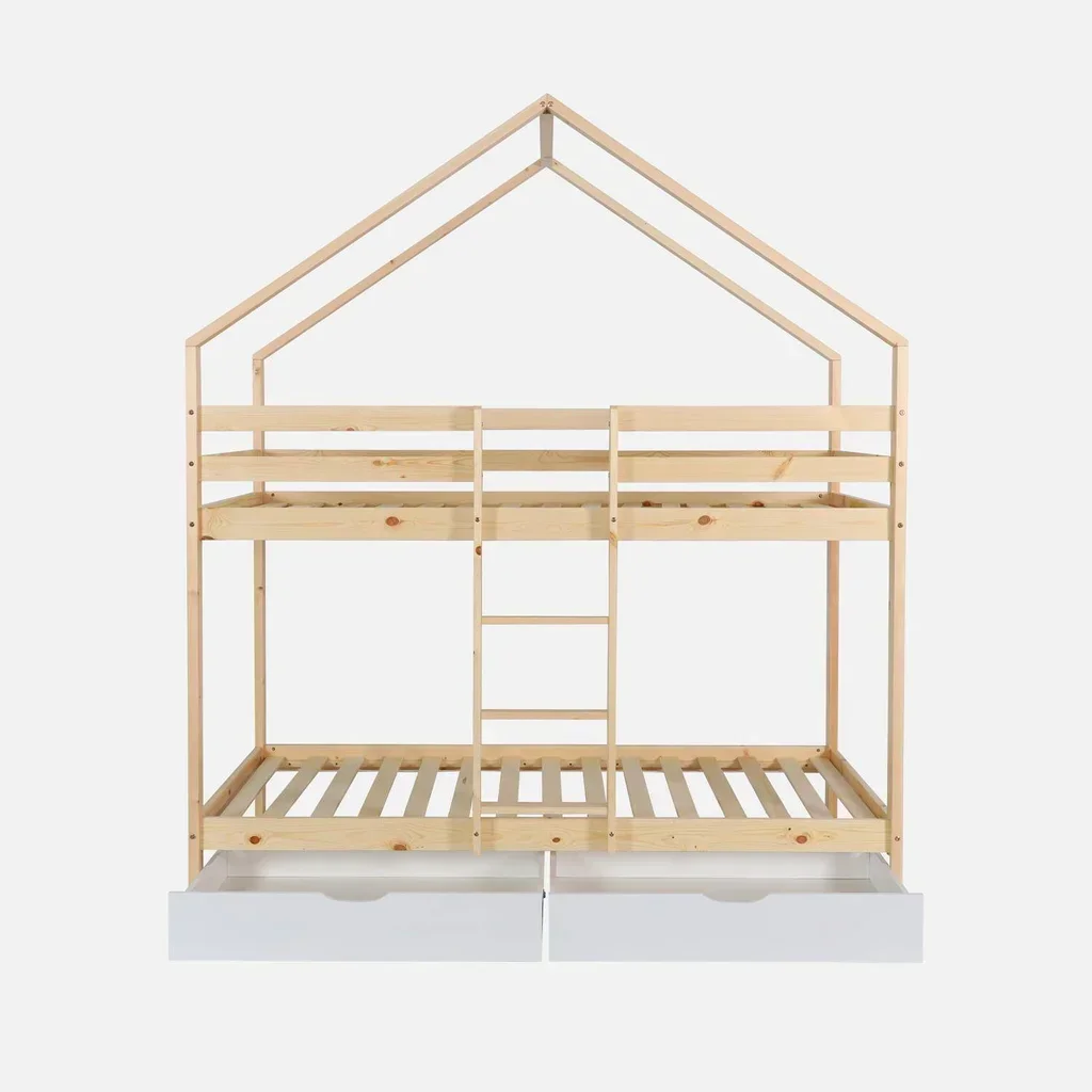 Lit superposé cabane pin massif 90x190 avec rangements tiroirs