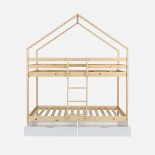 Lit superposé cabane pin massif 90x190 avec rangements tiroirs
