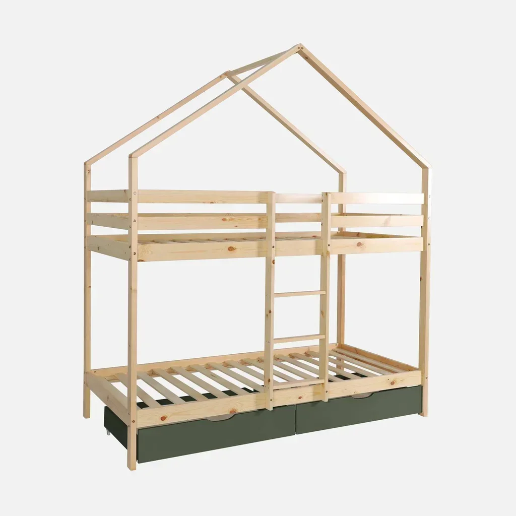 Lit superposé cabane enfant 90x190 pin massif naturel avec rangements tiroirs