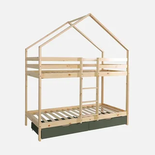 Lit superposé cabane enfant 90x190 pin massif naturel avec rangements tiroirs