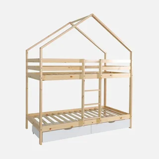 Lit superposé cabane pin massif 90x190 avec rangements tiroirs