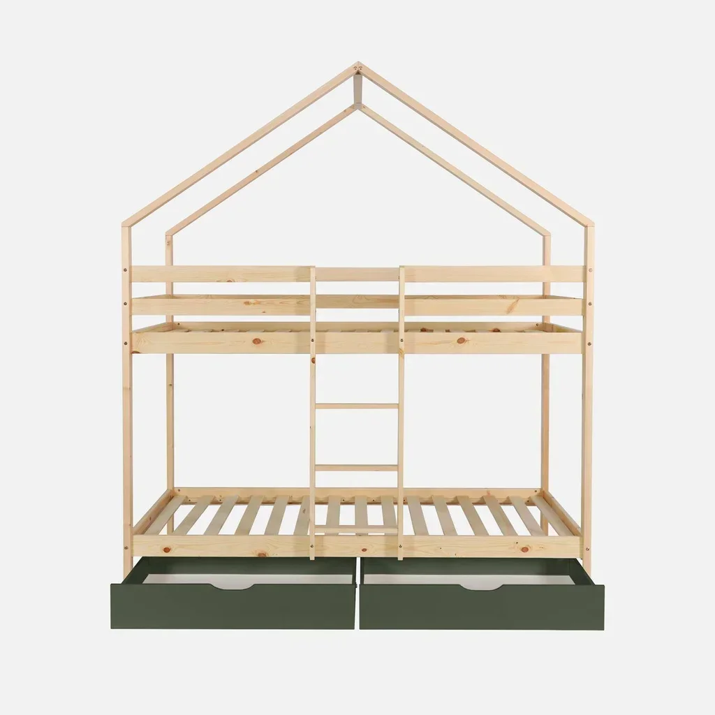 Lit superposé cabane enfant 90x190 pin massif naturel avec rangements tiroirs