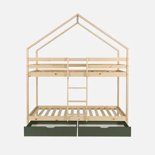 Lit superposé cabane enfant 90x190 pin massif naturel avec rangements tiroirs