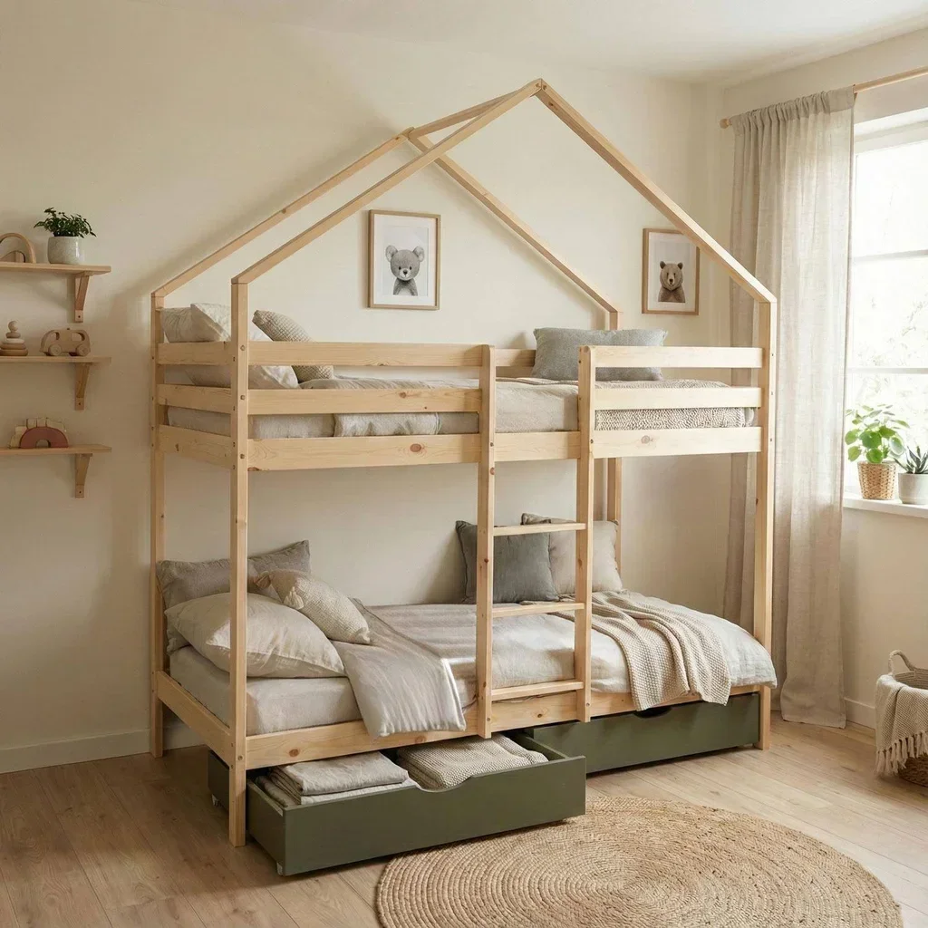 Lit superposé cabane enfant 90x190 pin massif naturel avec rangements tiroirs