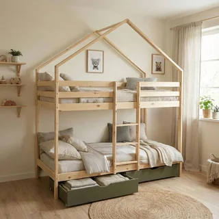 Lit superposé cabane enfant 90x190 pin massif naturel avec rangements tiroirs