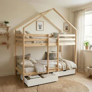 Lit superposé cabane pin massif 90x190 avec rangements tiroirs