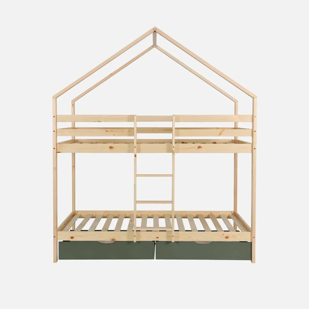Lit superposé cabane enfant 90x190 pin massif naturel avec rangements tiroirs