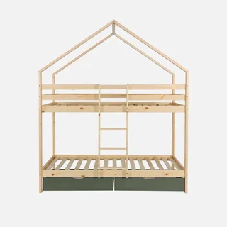Lit superposé cabane enfant 90x190 pin massif naturel avec rangements tiroirs