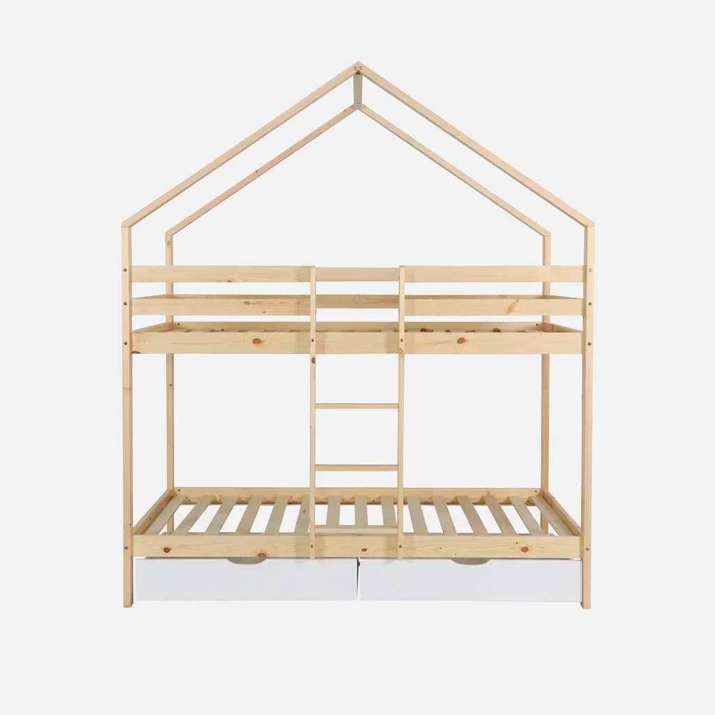 Lit superposé cabane pin massif 90x190 avec rangements tiroirs