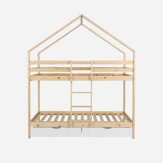 Lit superposé cabane pin massif 90x190 avec rangements tiroirs