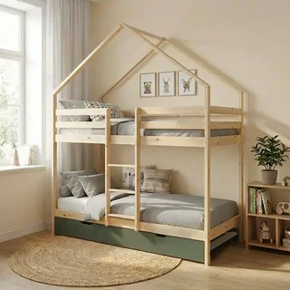 Lit superposé cabane 90x190 pin naturel avec tiroir lit