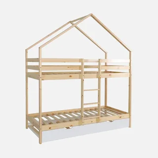 Lit cabane superposé 90x190 pin naturel avec tiroir lit enfant