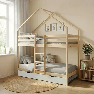 Lit cabane superposé 90x190 pin naturel avec tiroir lit enfant