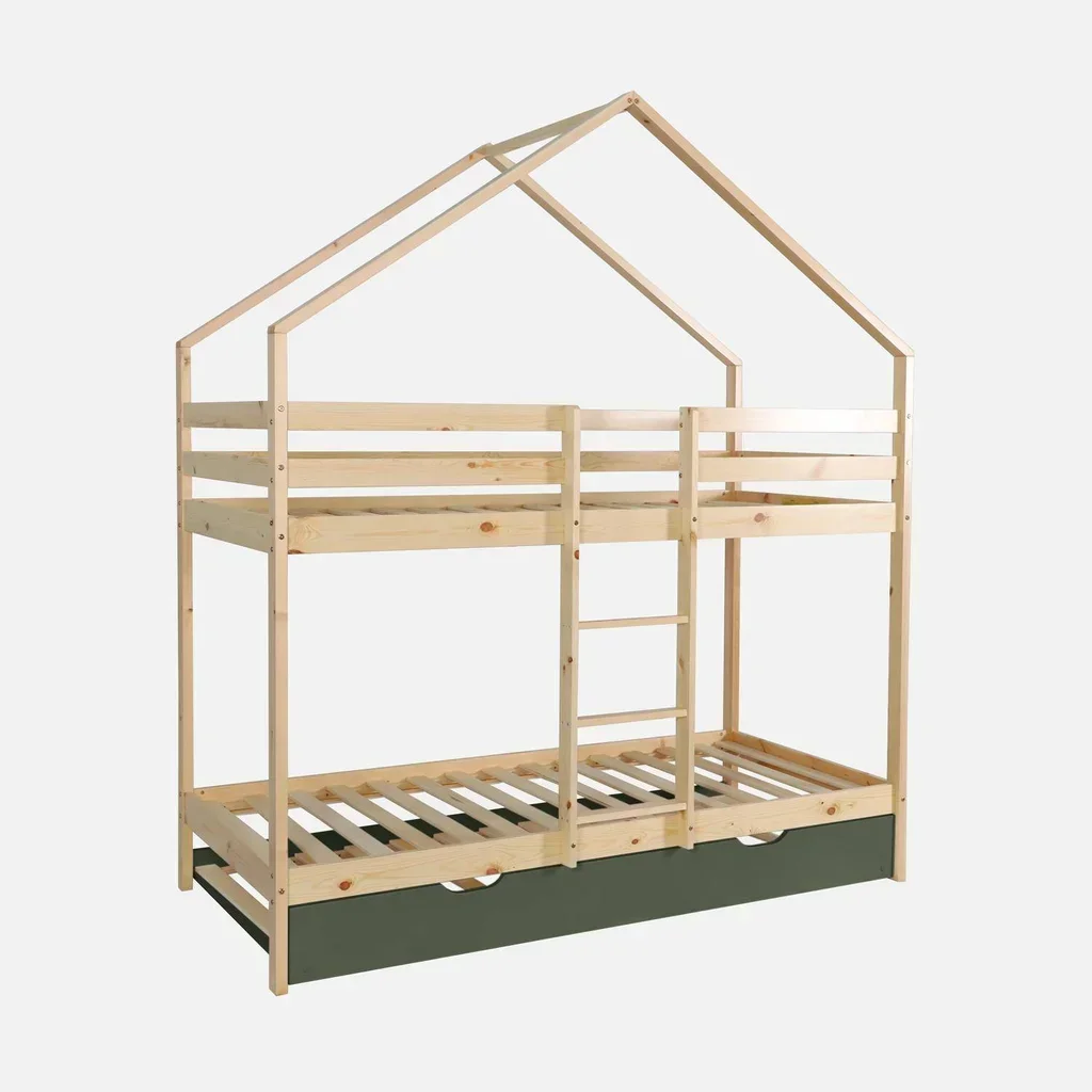 Lit superposé cabane 90x190 pin naturel avec tiroir lit
