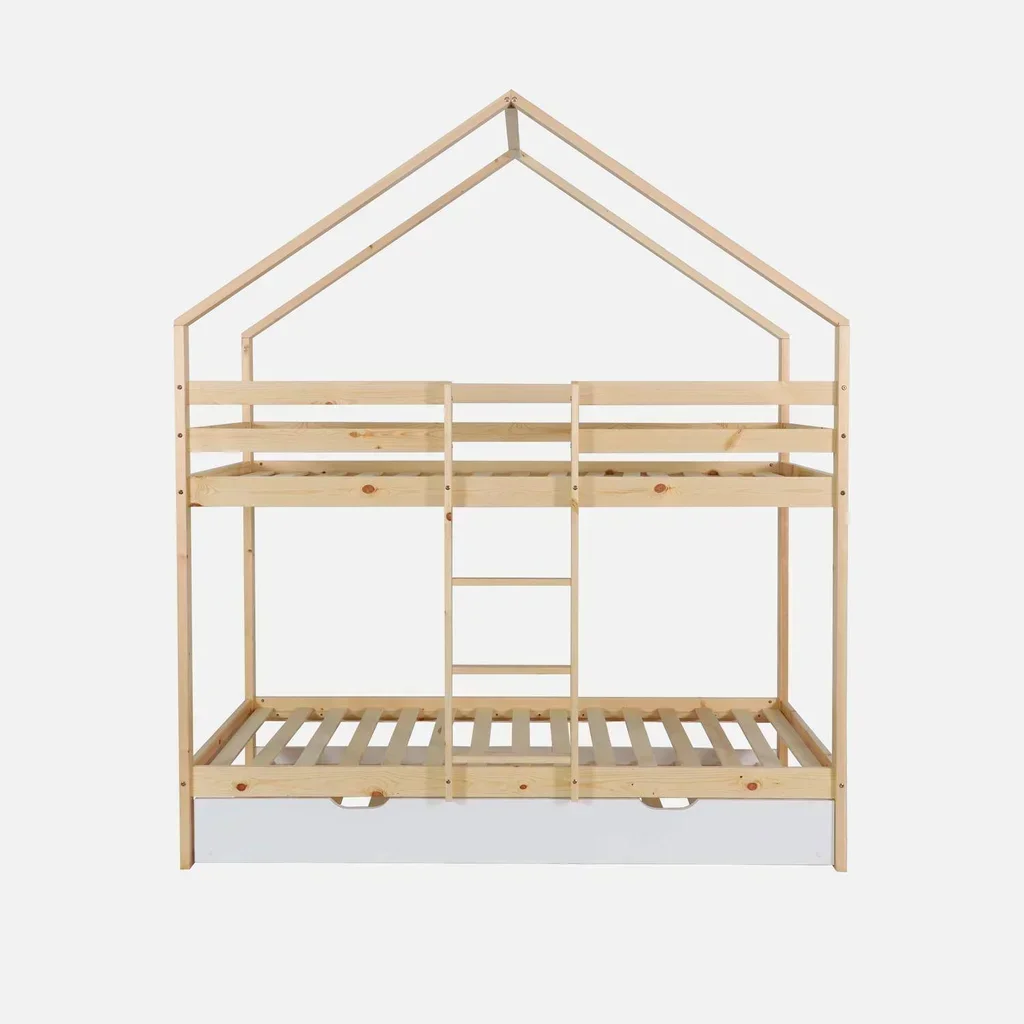Lit cabane superposé 90x190 pin naturel avec tiroir lit enfant